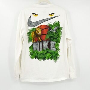 Nike Mens White Jungle Lion Basketball Graphic Streetwear Long Sleeve Tee Size M